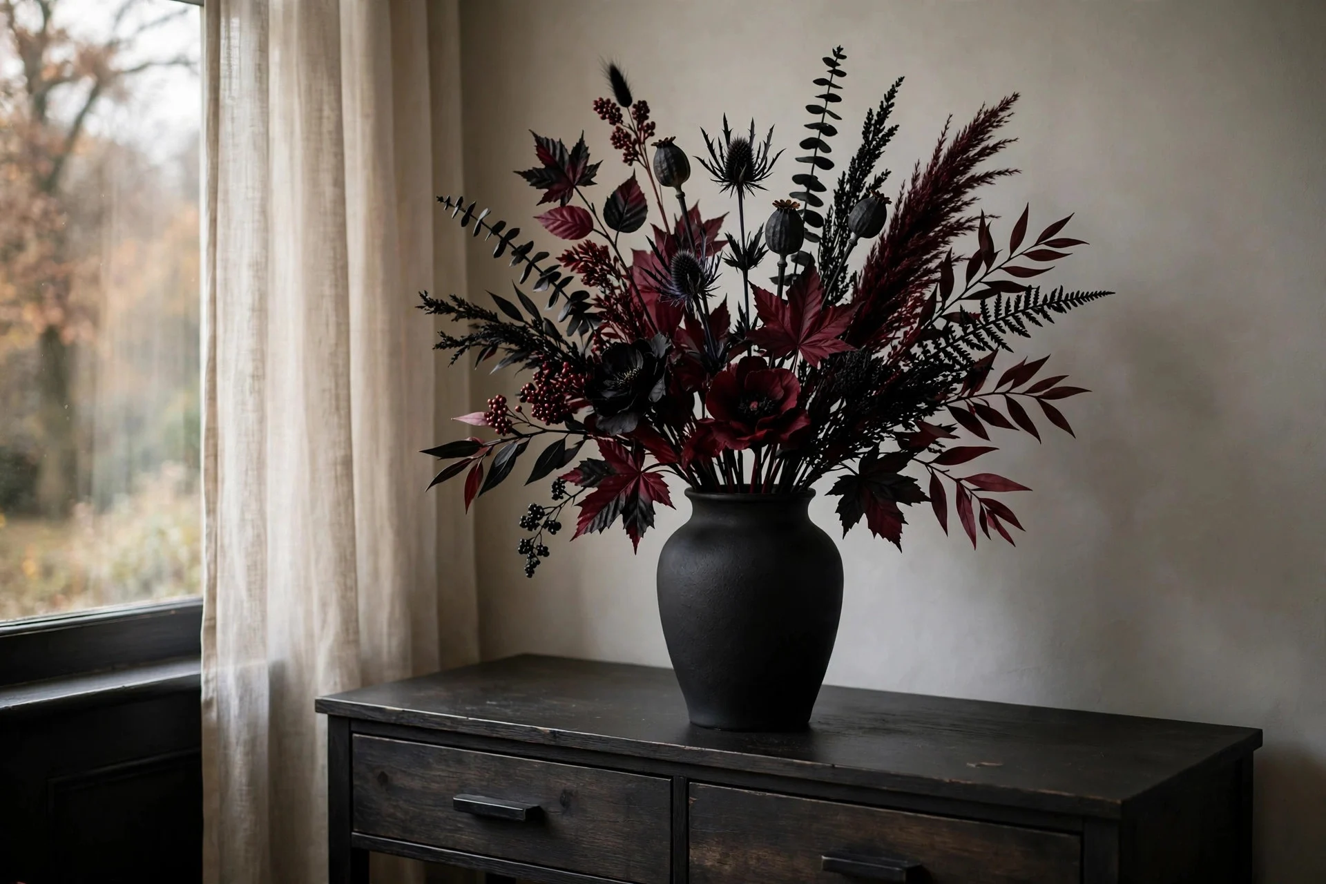 Faux fall florals spray-painted deep burgundy and black in a dollar store vase