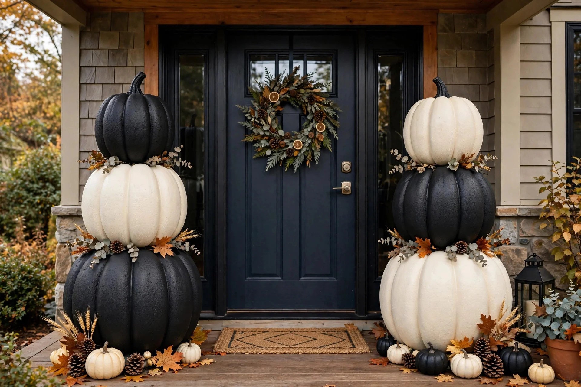Stacked foam pumpkins in cream and black beside a front door entryway