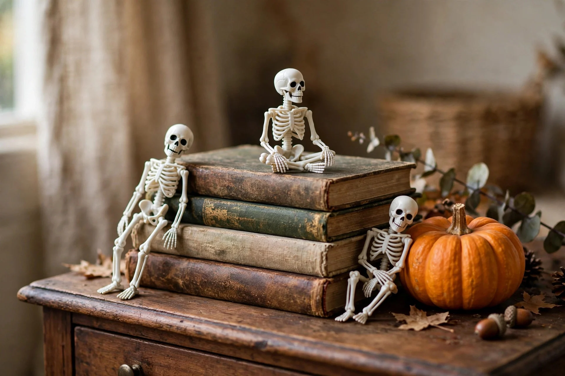 Three small plastic skeletons grouped in odd numbers on a stack of books