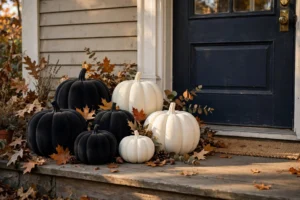 Orange plastic pumpkins spray-painted matte black and cream, styled on a porch step