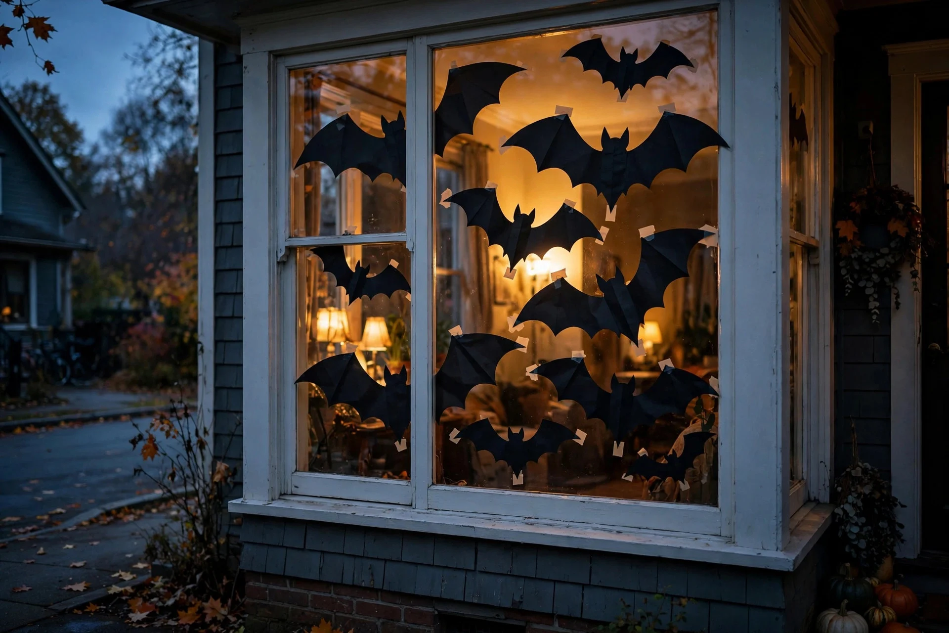 Black paper bat silhouettes on a window glowing from indoor light at dusk