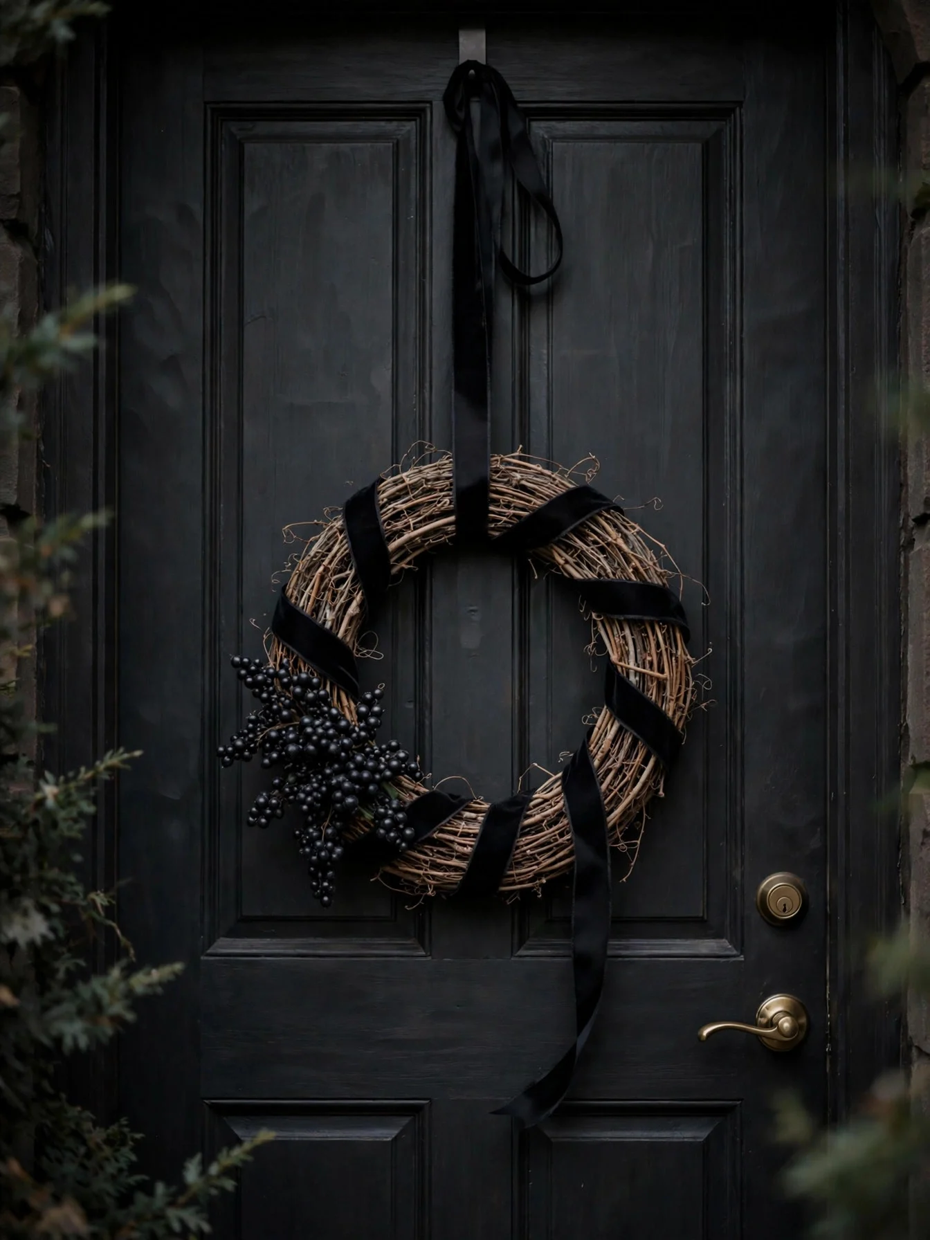 Plain dollar store wreath upgraded with dark ribbon and black faux berries on a front door