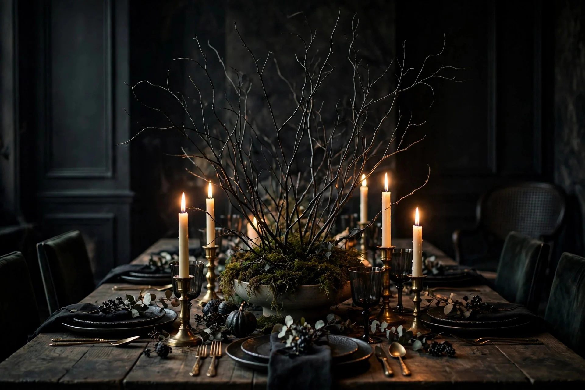 Dramatic Halloween table centerpiece of tall bare black branches and dark moss with ivory taper candles