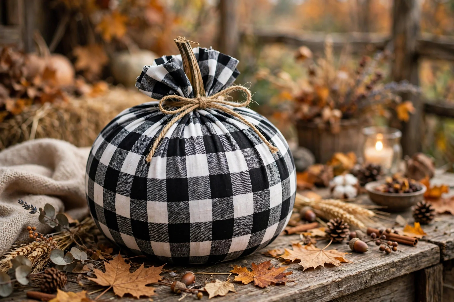 Pumpkin wrapped in black-and-white buffalo check fabric tied with twine