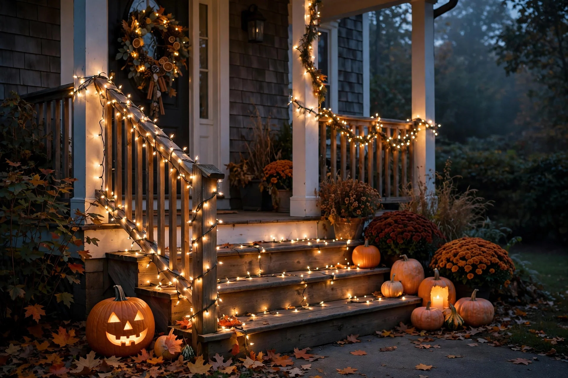 Porch steps wrapped in warm fairy lights at dusk with pumpkins glowing softly