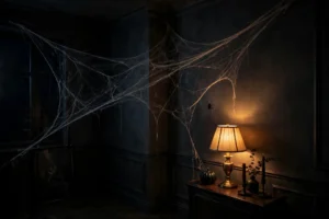 Fake spider web stretched paper-thin across a dark living room corner with a small black spider, moody Halloween decor in lamplight
