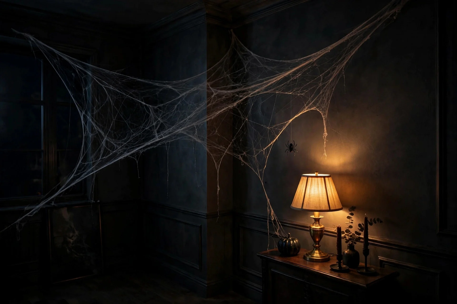 Fake spider web stretched paper-thin across a dark living room corner with a small black spider, moody Halloween decor in lamplight