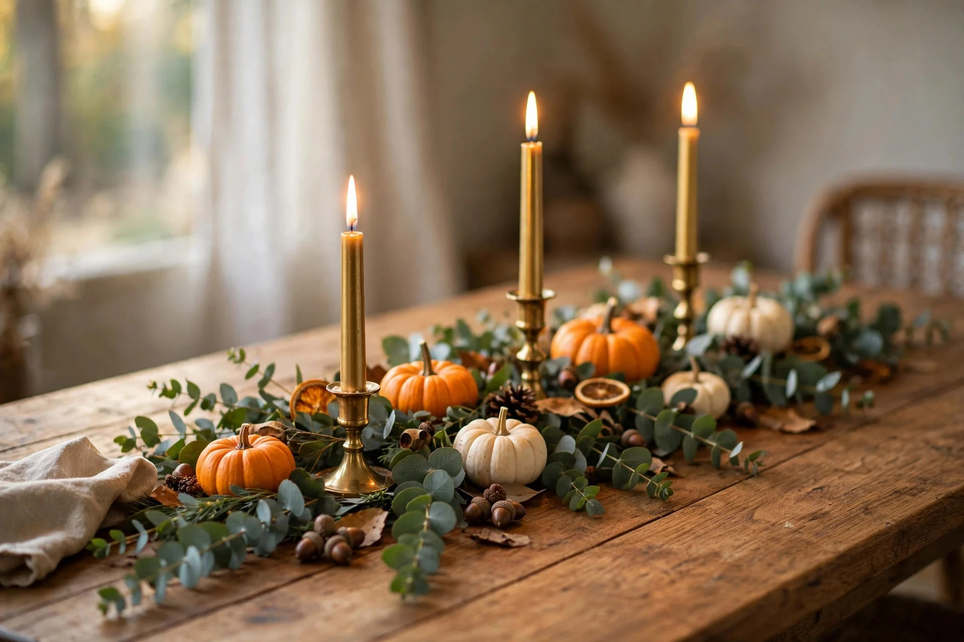 Fall dining table centerpiece with eucalyptus, pumpkins and candles