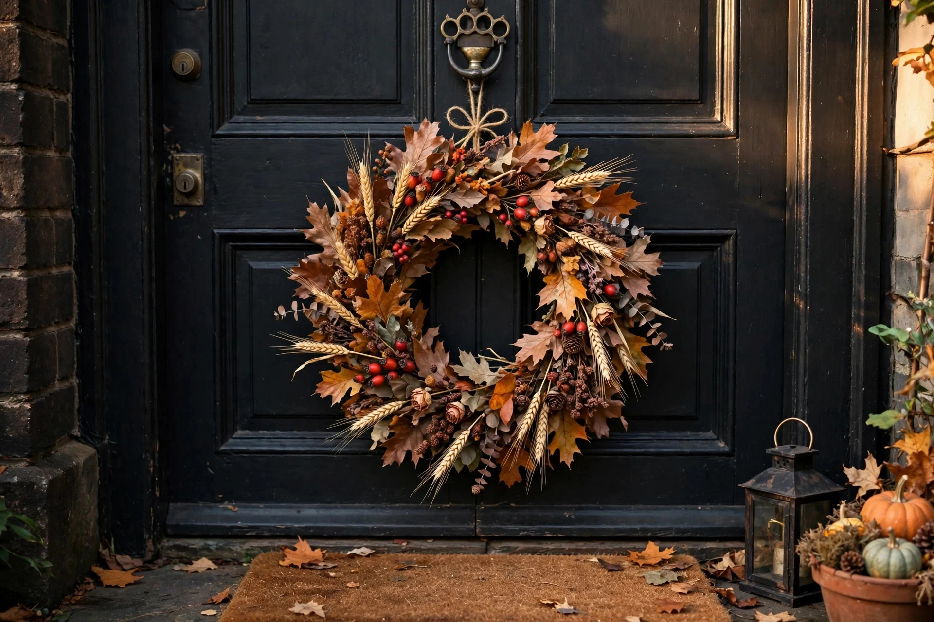 Autumn wreath with dried leaves hanging on a front door