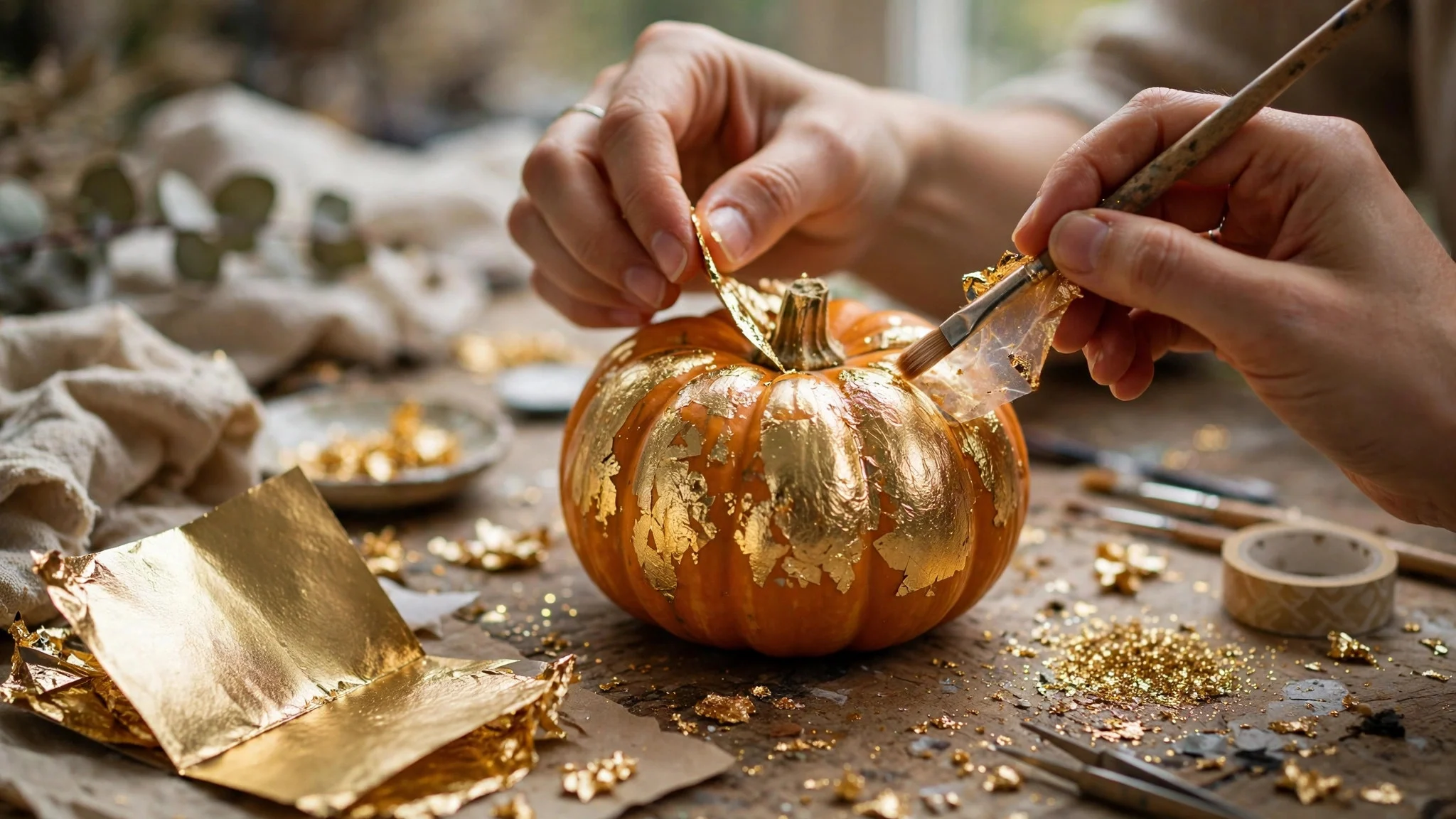 Hands applying gold leaf to a small pumpkin on a craft table, close-up