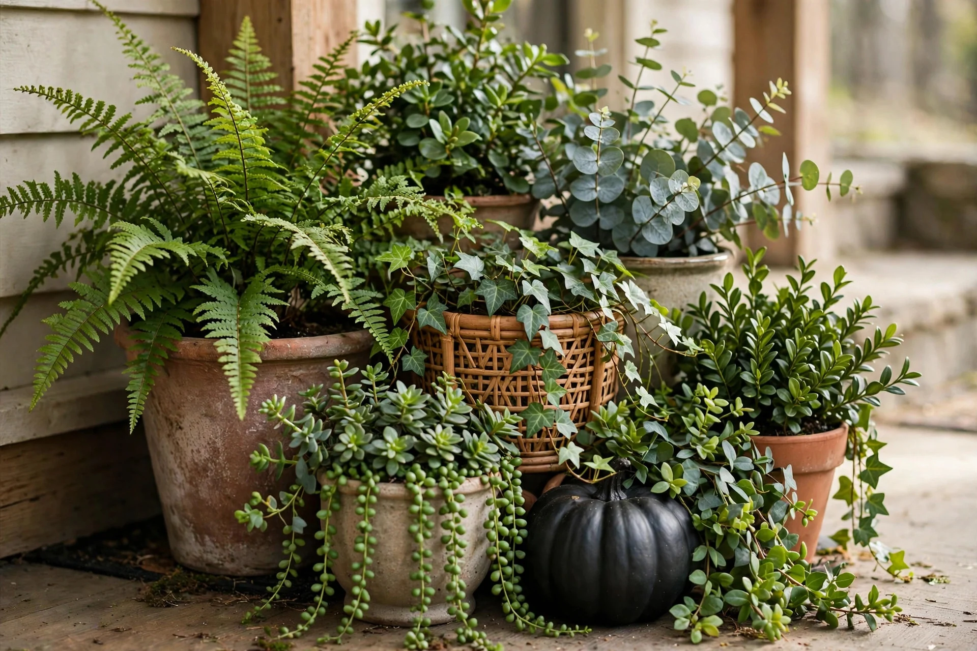 Grouped porch planters with greenery and one matte black pumpkin as an accent