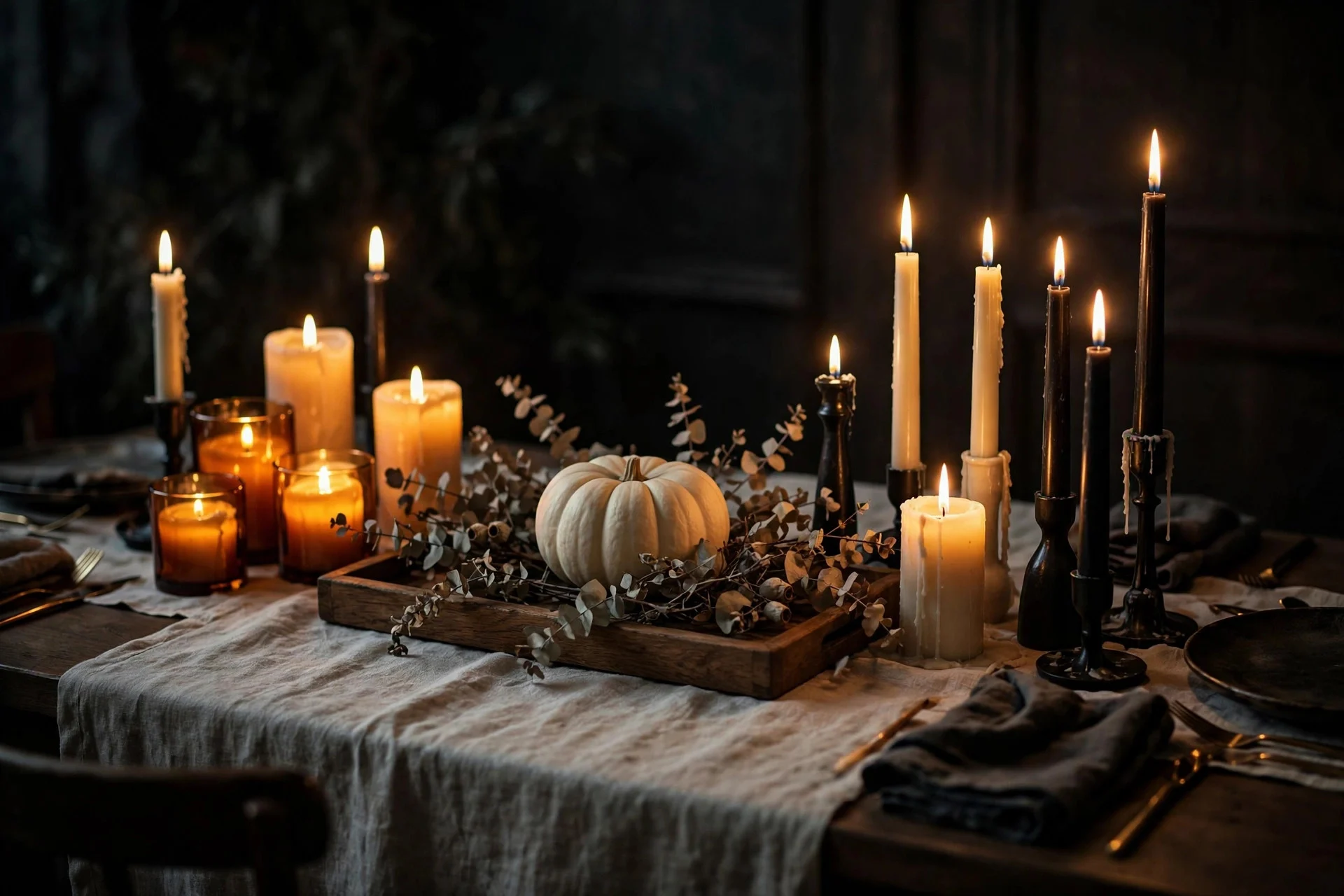 Moody Halloween table setting lit by clusters of candles