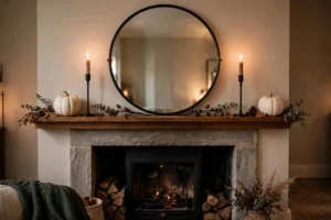 Halloween mantel with a large round mirror as anchor, flanked by matching black candlesticks and pumpkins