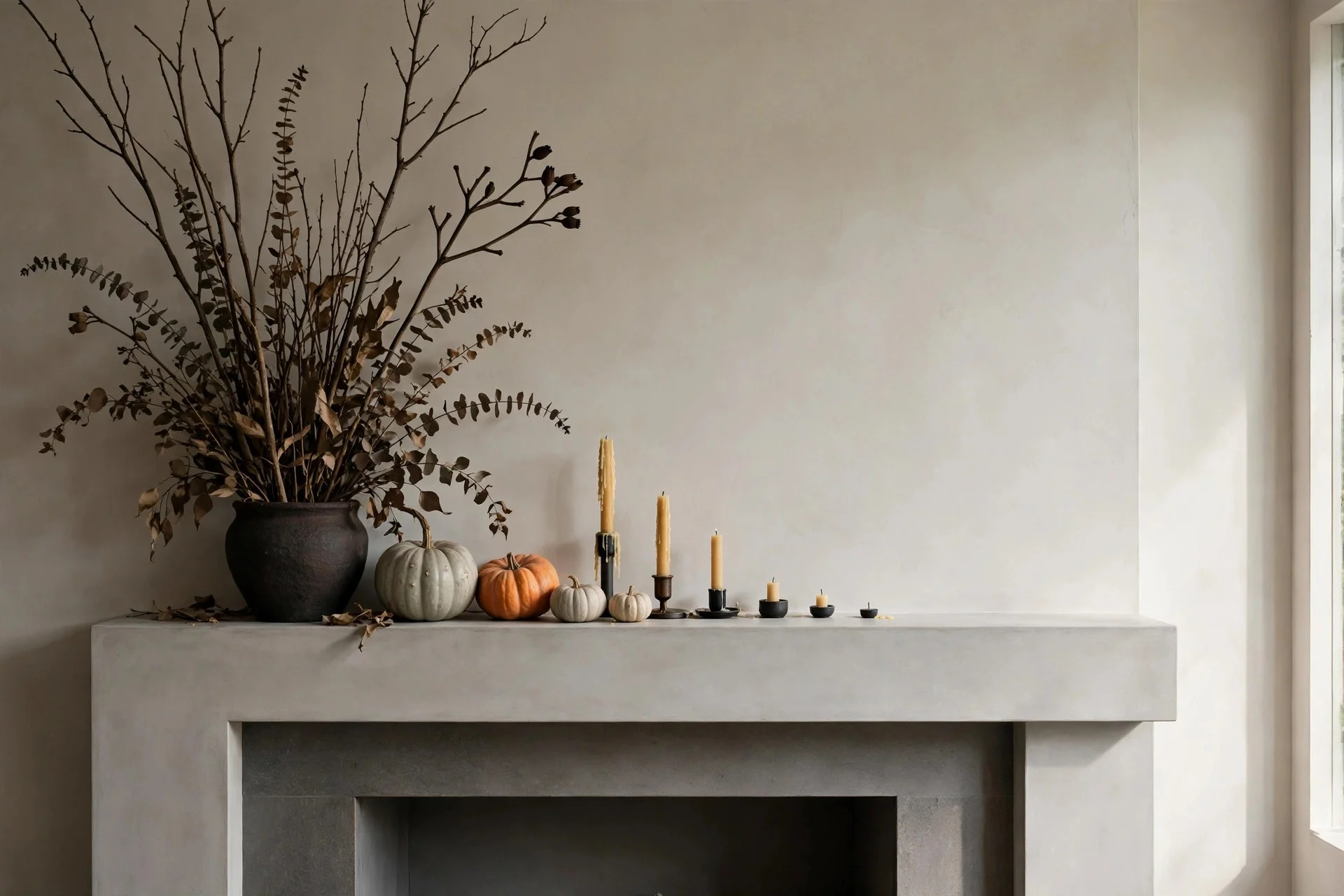Asymmetrically styled Halloween mantel with decor sweeping from one side across the mantel