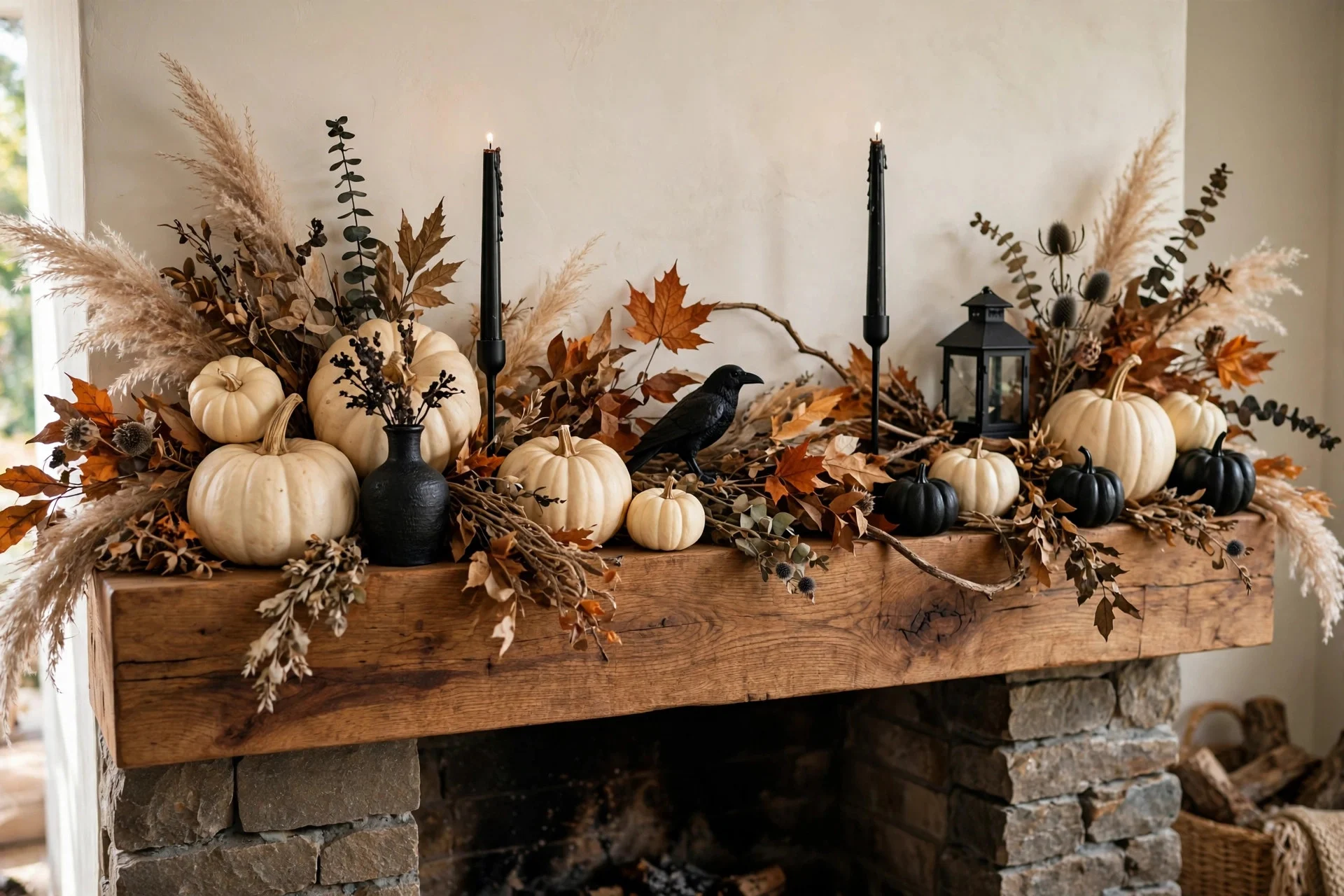 Fall mantel with dried botanicals and wood plus three black Halloween accents