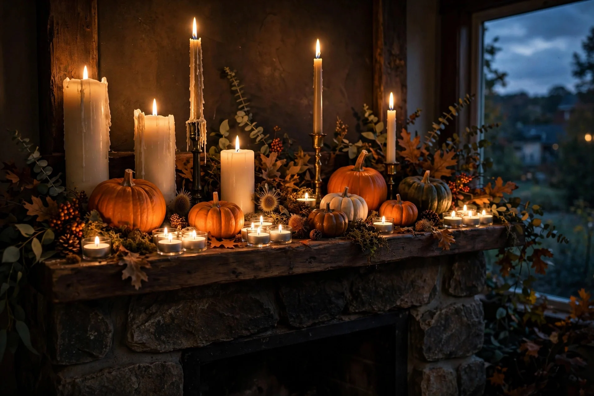 Mantel covered in candles of three different heights glowing at dusk with pumpkins