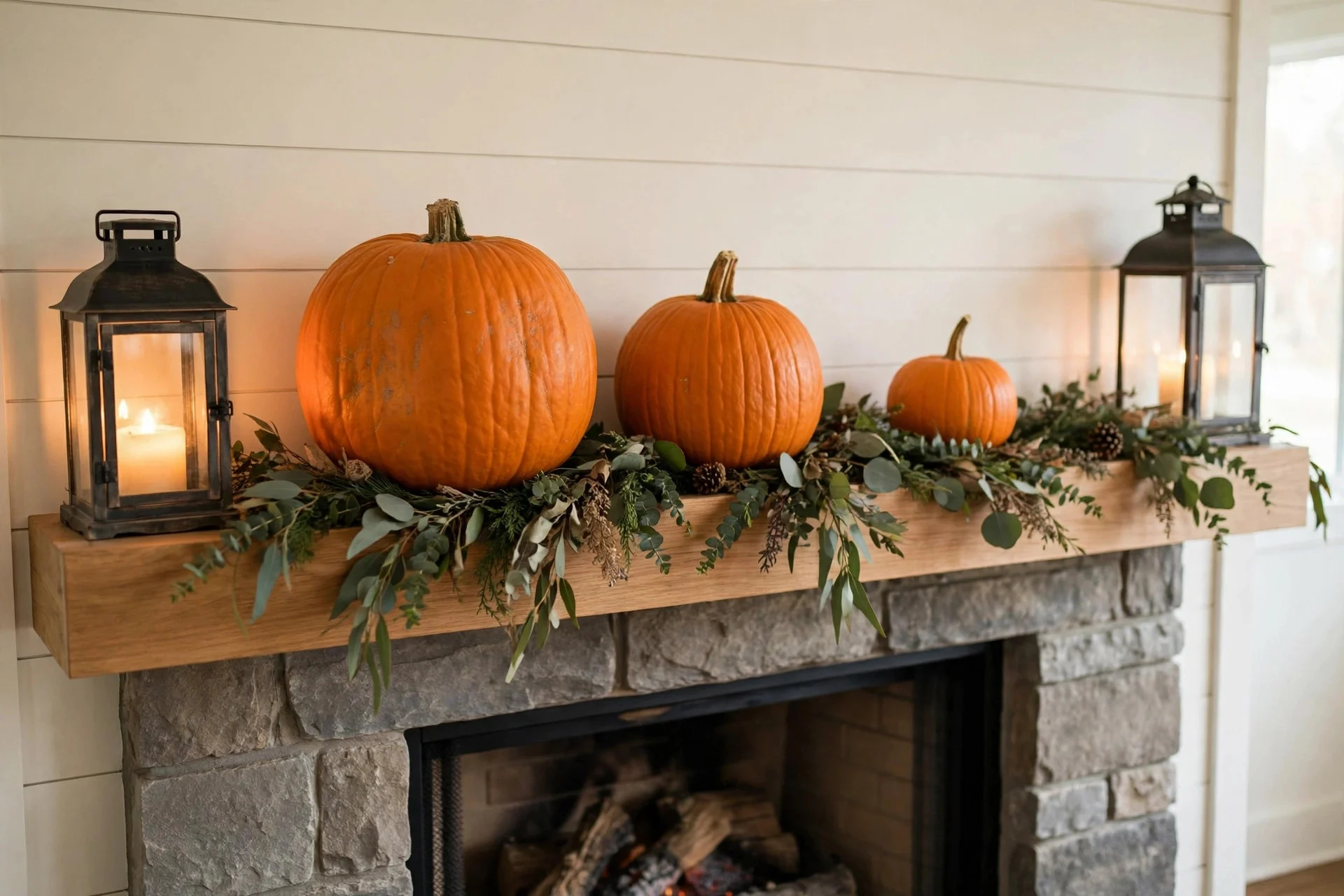 Simple five-minute Halloween mantel with pumpkins, a garland, and candles