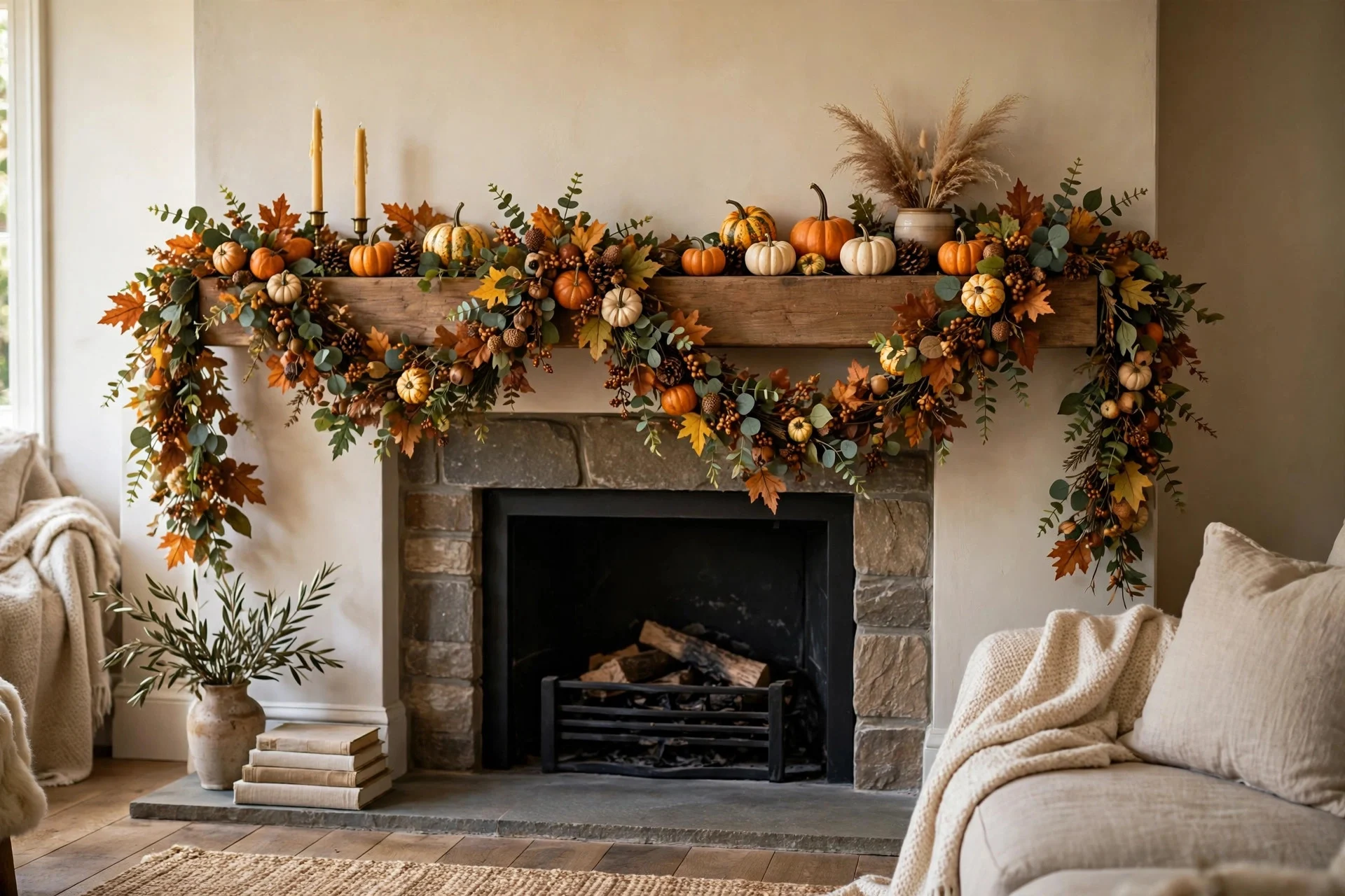 Faux fall garland draped loosely across a mantel with ends pooling over the sides