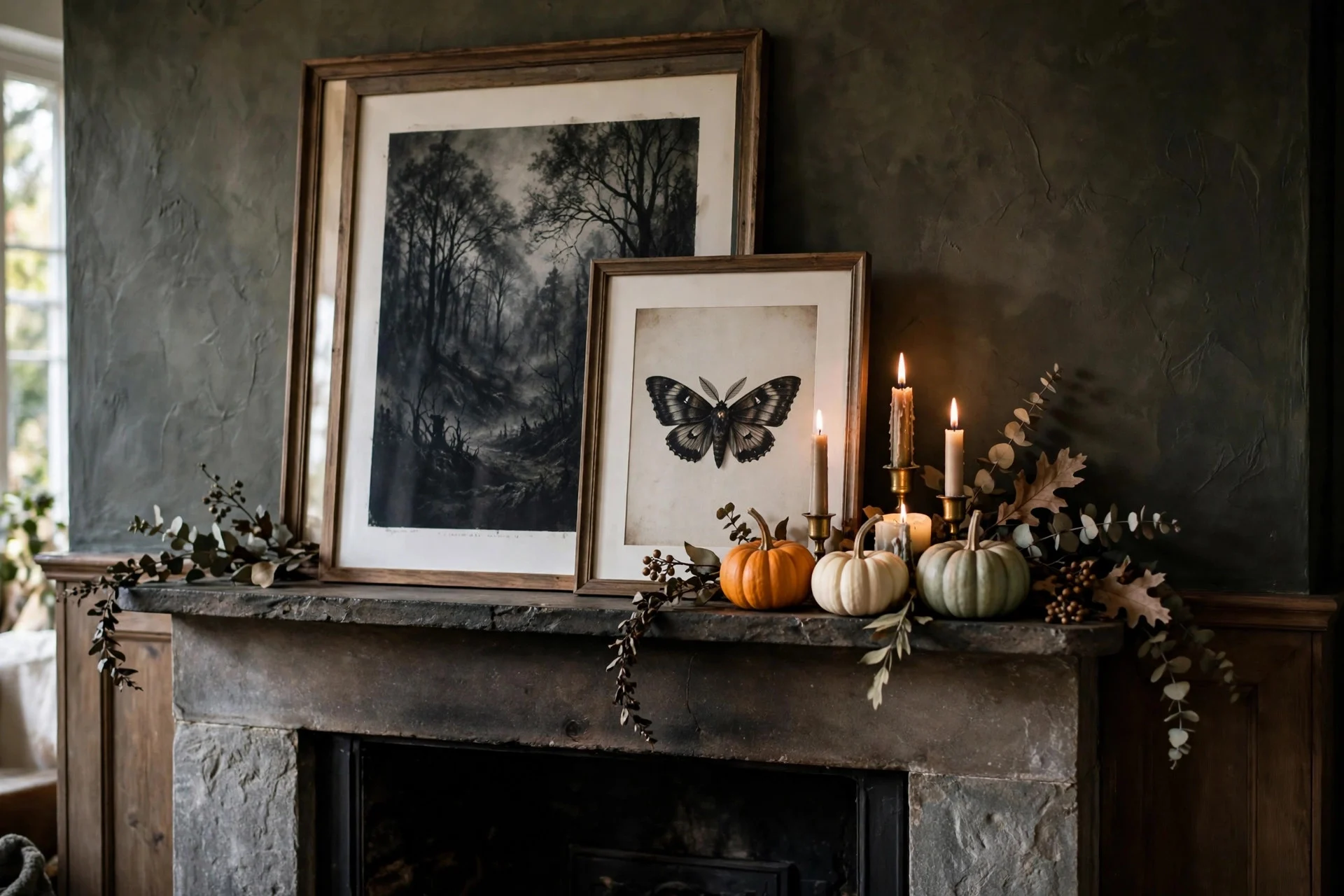 Halloween art prints in frames layered and leaning on a mantel for depth