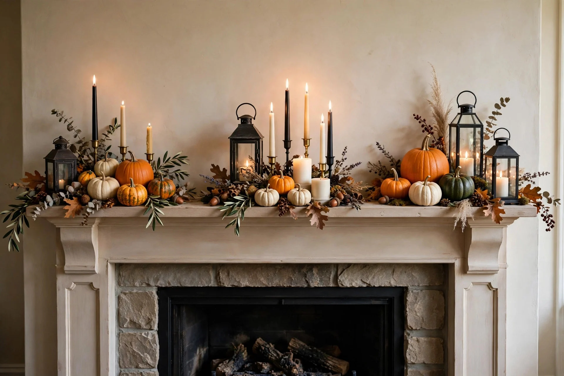 Halloween mantel styled in three clusters of odd-numbered groupings at varying heights