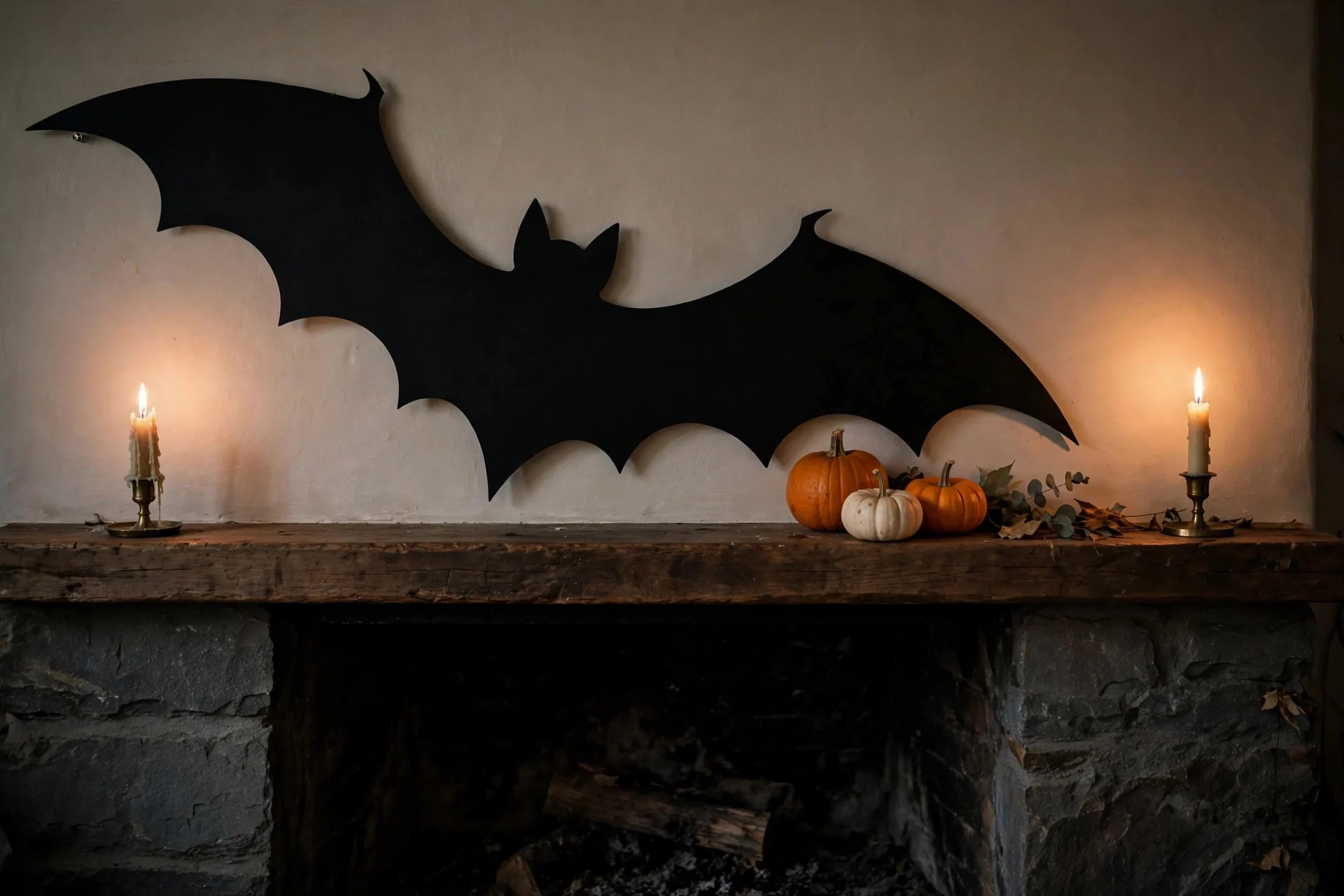 Oversized black bat silhouettes as the hero piece on a Halloween mantel