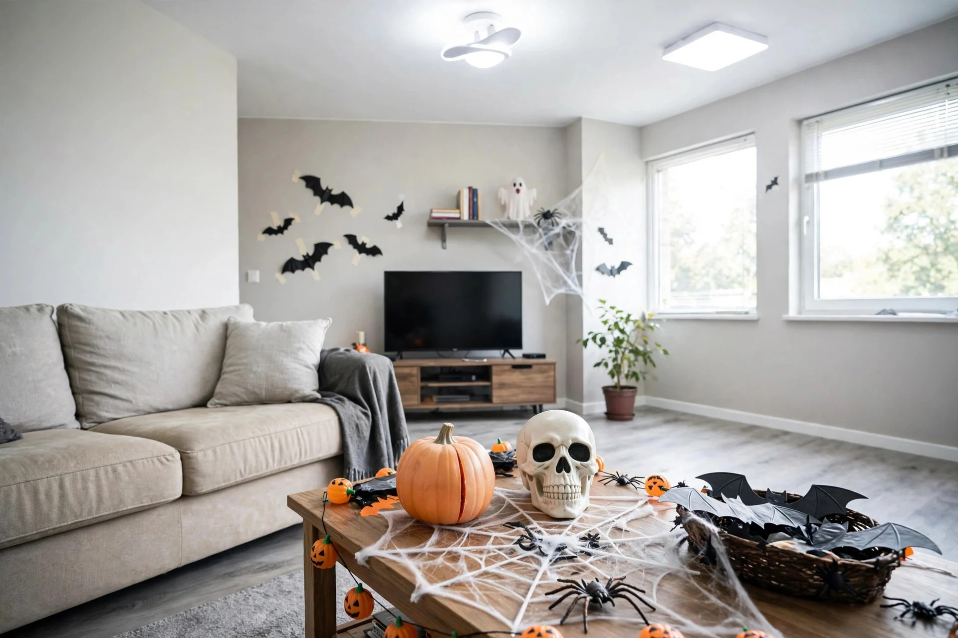 Halloween decorations under harsh bright ceiling light looking flat and cheap