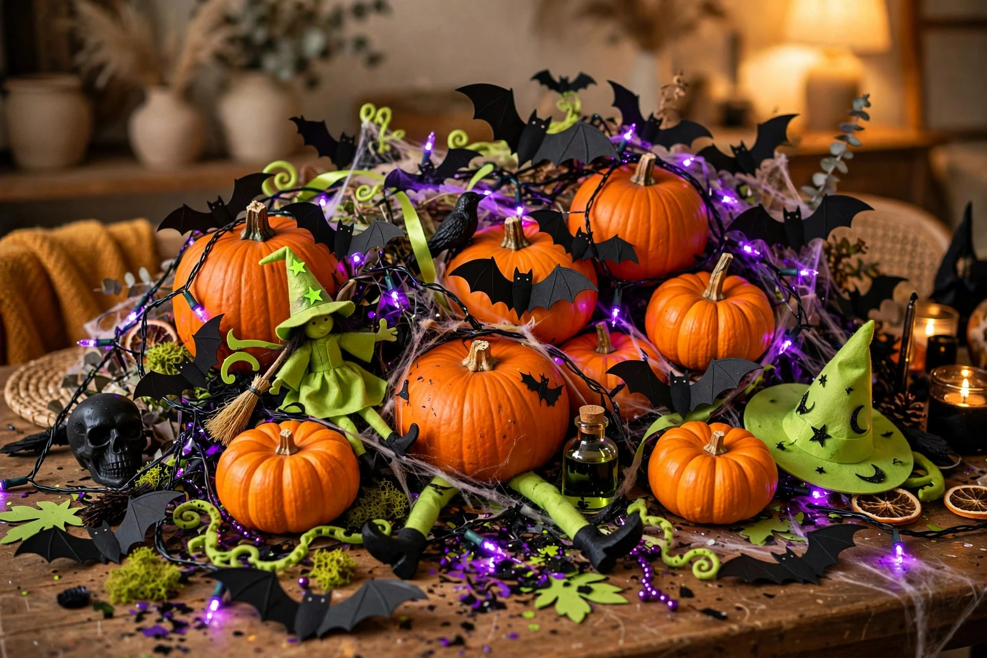 Halloween display mixing orange, purple, green and black decorations clashing together