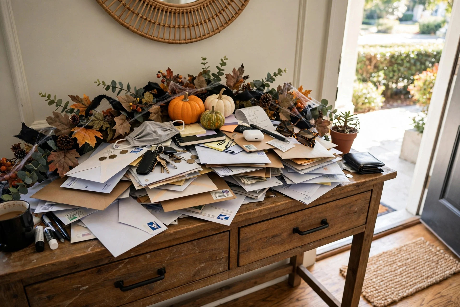 Halloween decorations placed on top of everyday mail and clutter on an entryway table