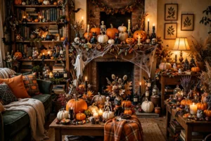 Living room with Halloween decor crowded on every table, shelf and mantel looking cluttered
