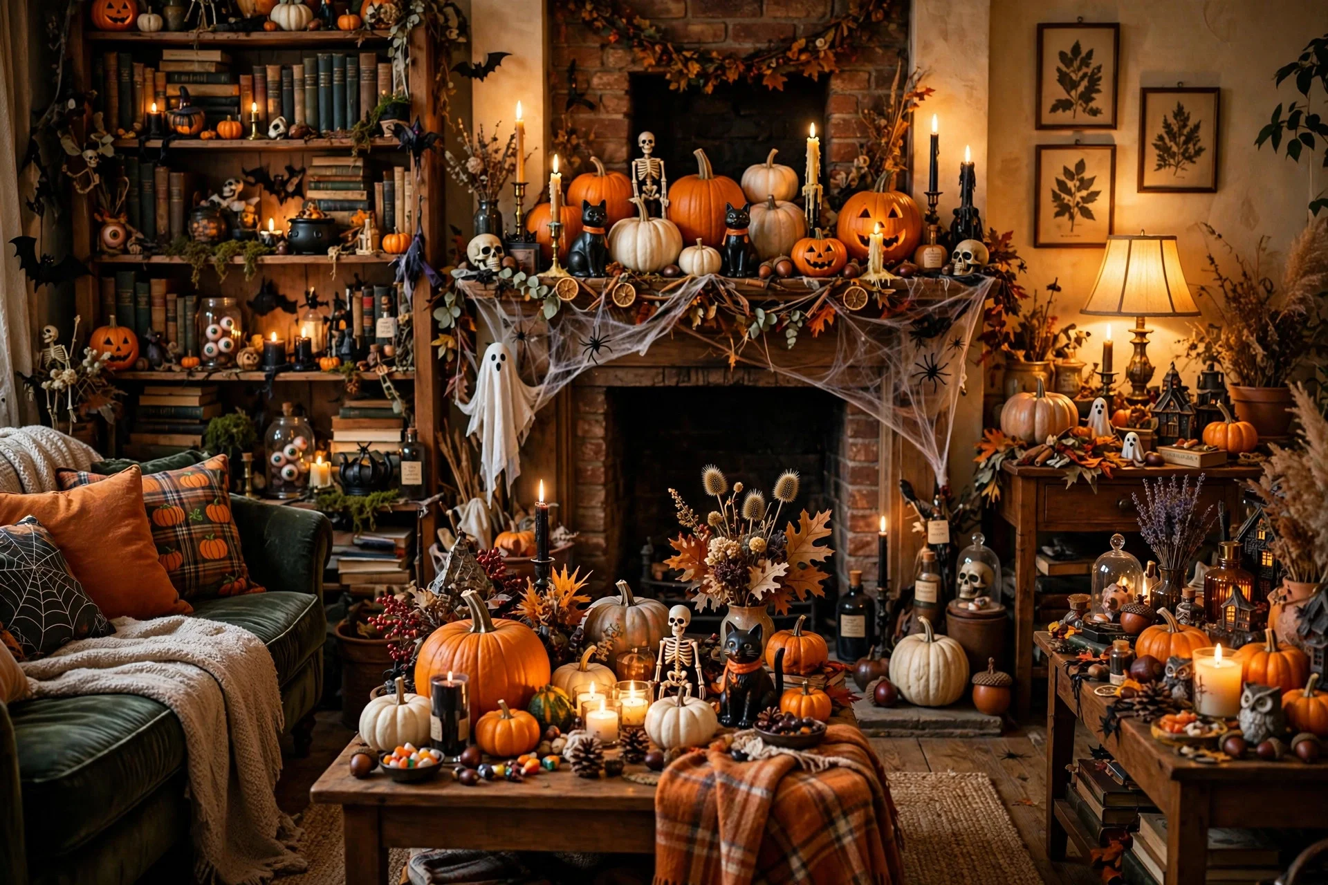 Living room with Halloween decor crowded on every table, shelf and mantel looking cluttered