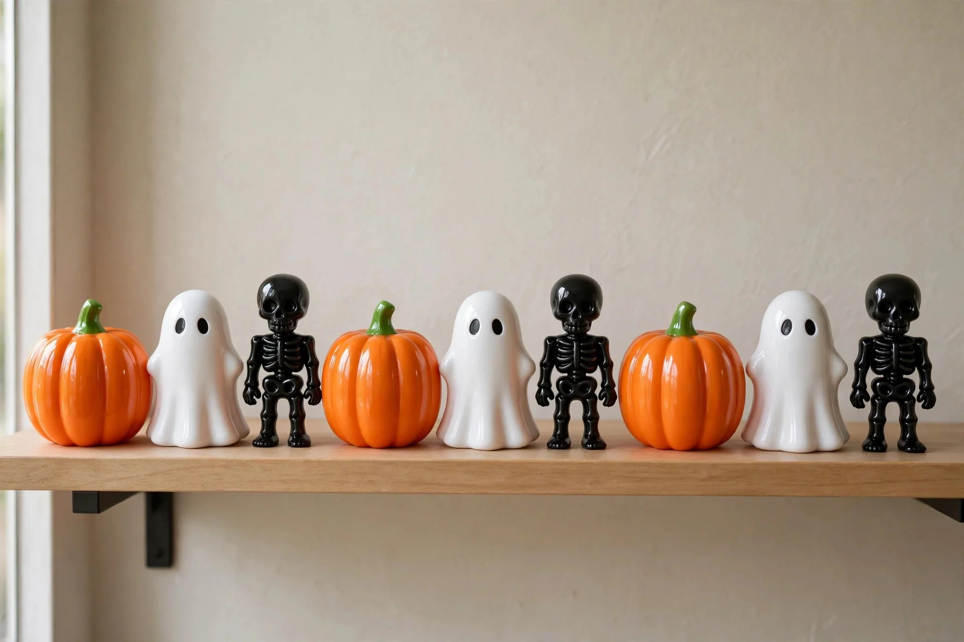 Row of identical plastic Halloween decorations bought from one store looking matchy and flat