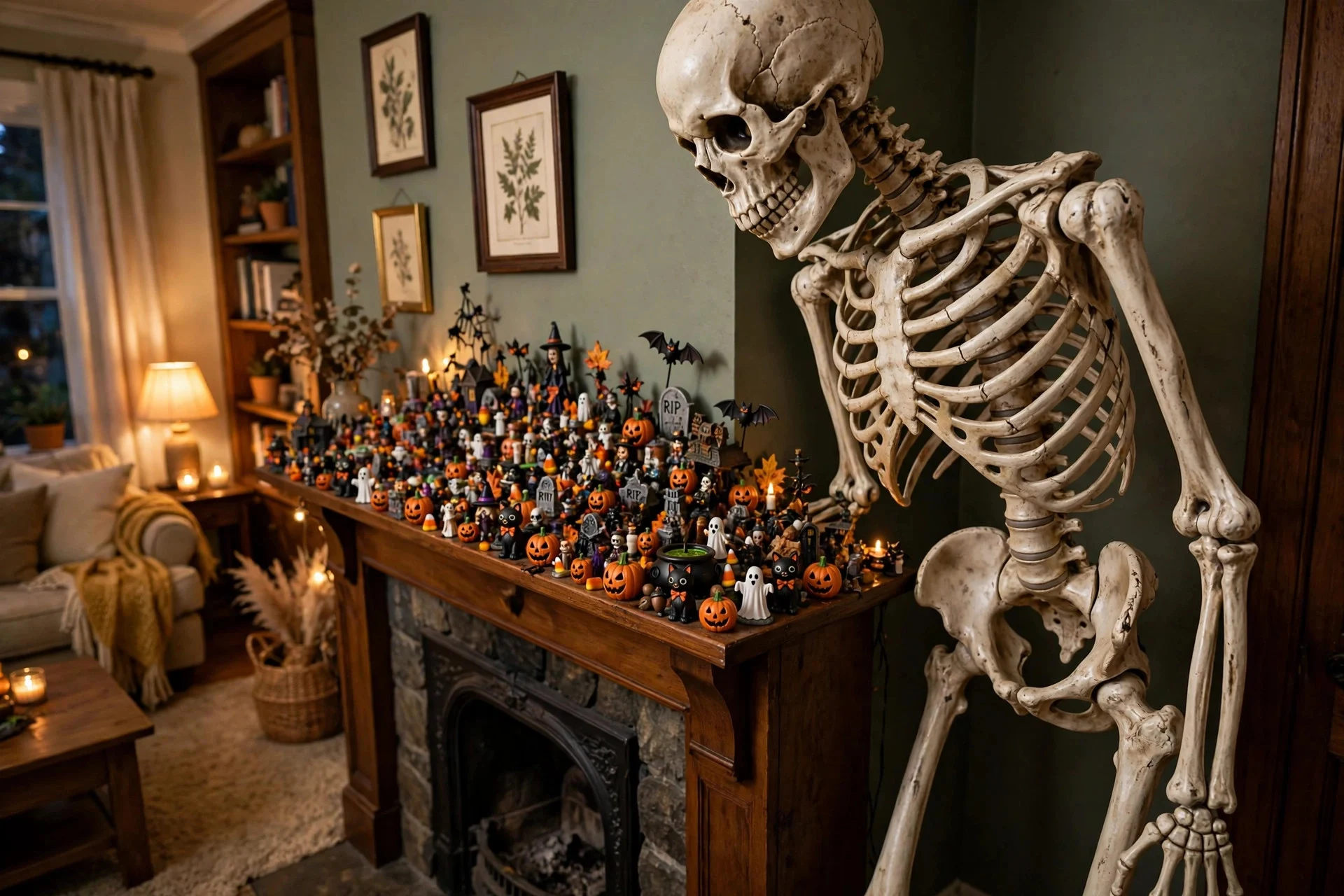 Tiny Halloween figurines lost next to an oversized skeleton with nothing in between