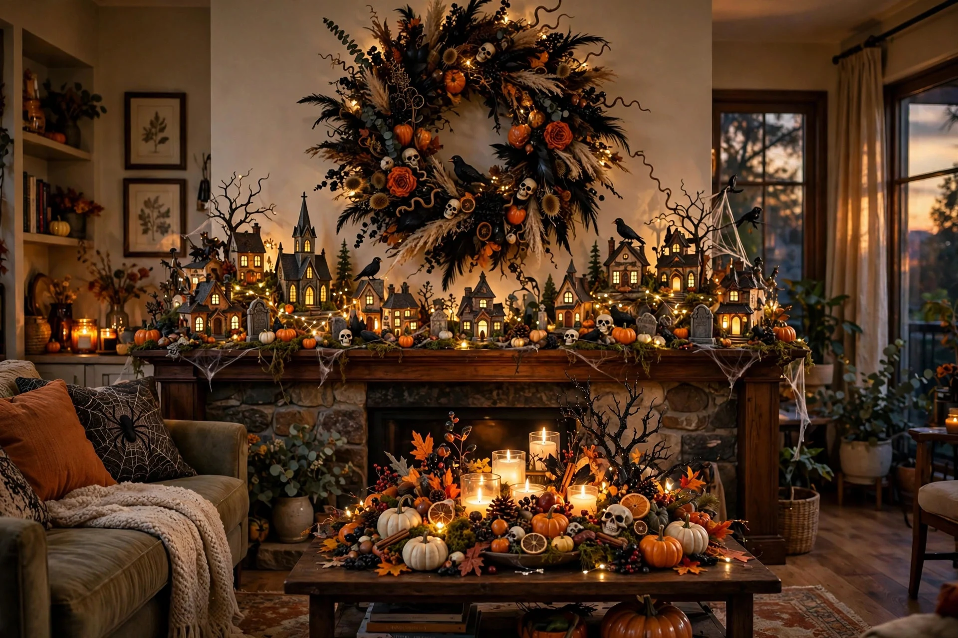 Living room with three competing Halloween vignettes fighting for attention