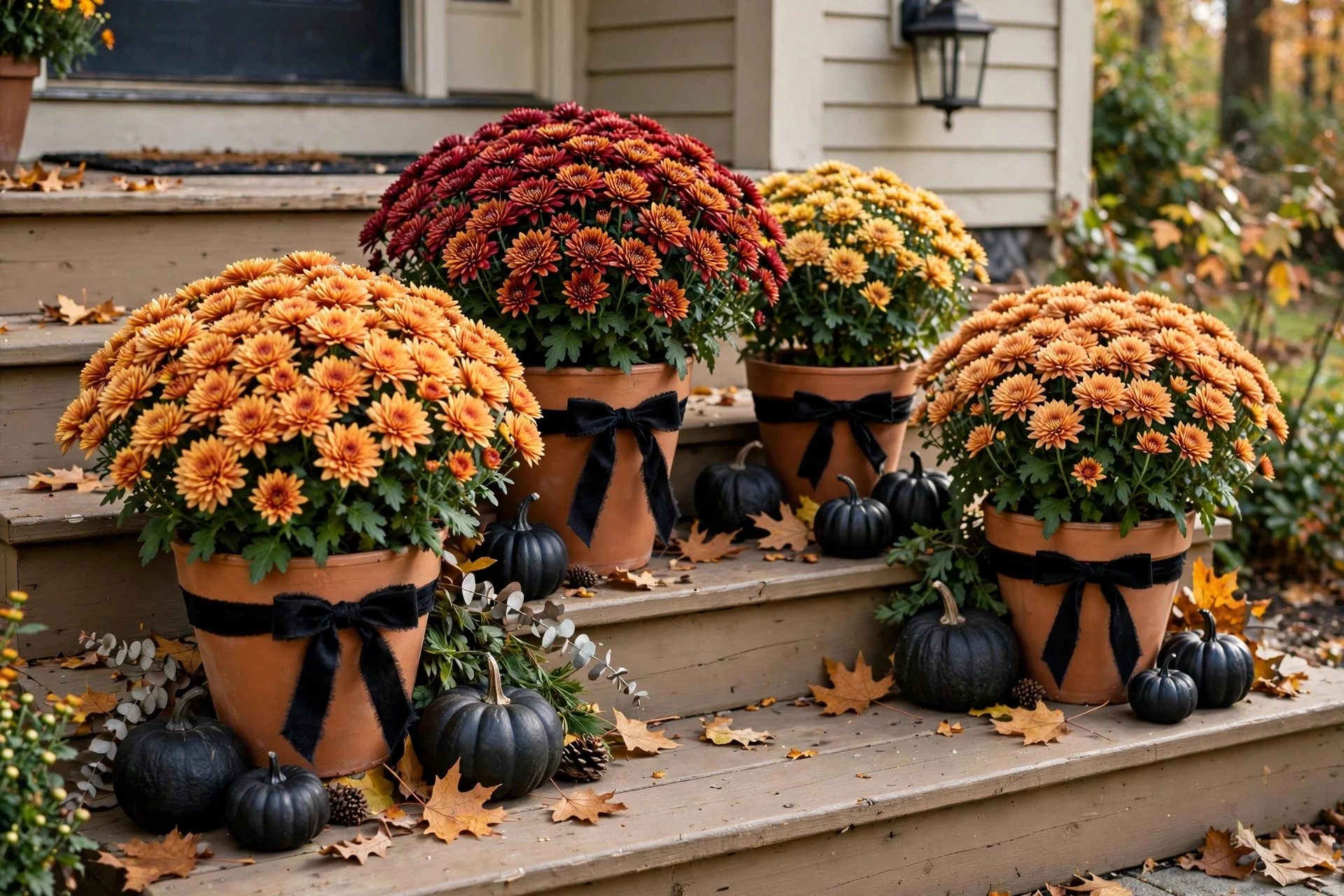 Fall mums in pots on porch steps tied with black ribbon and small black pumpkin accents