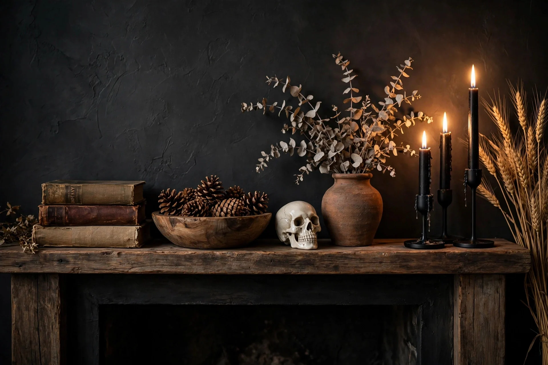 Halloween mantel mixing spooky decor with dried botanicals and wood