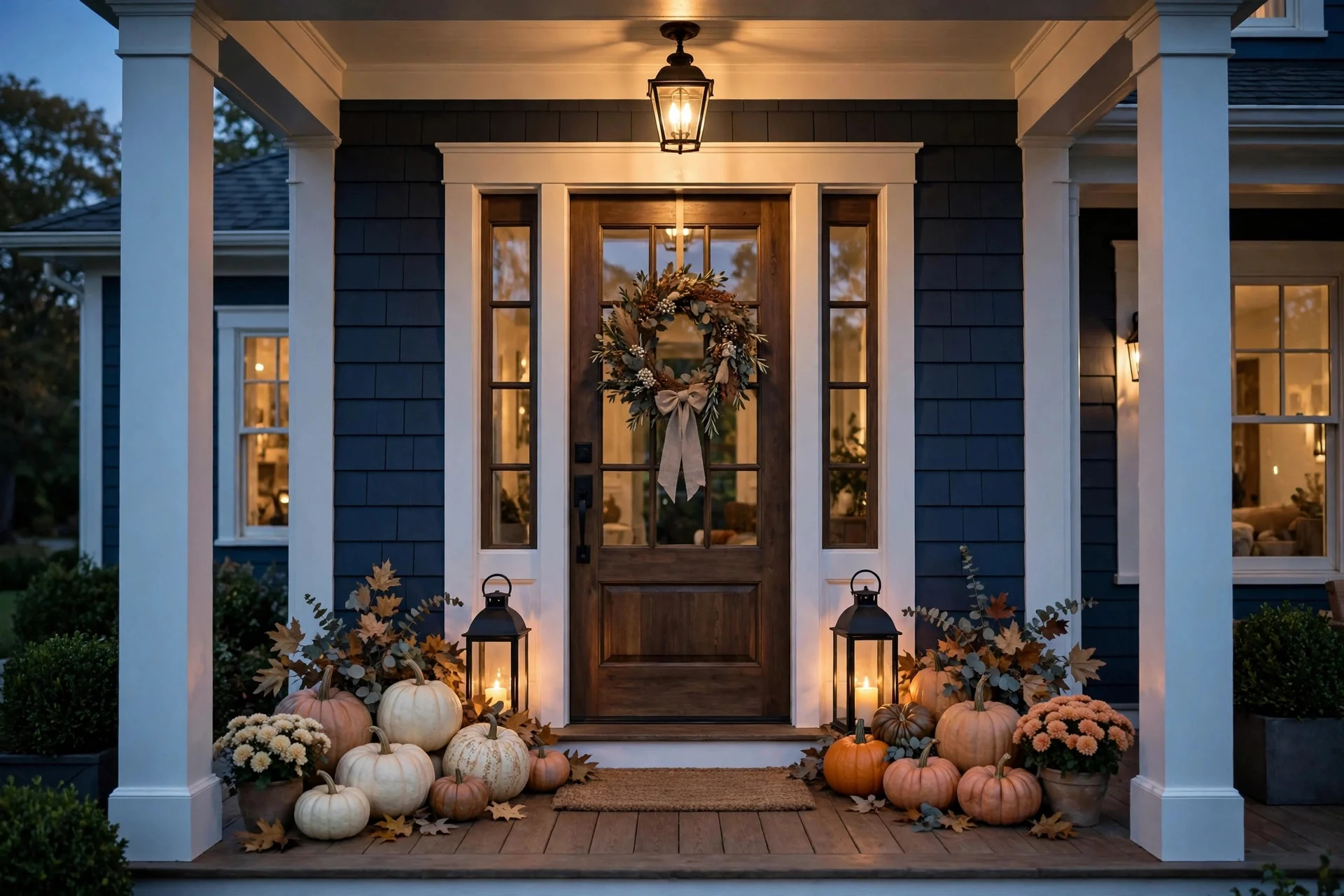 Classy Halloween front porch with pumpkins and lanterns