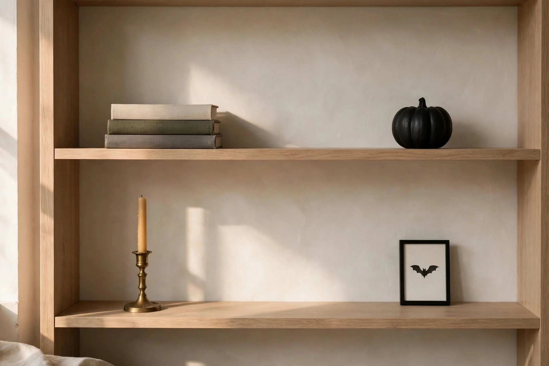 Edited Halloween shelf vignette styled with breathing room
