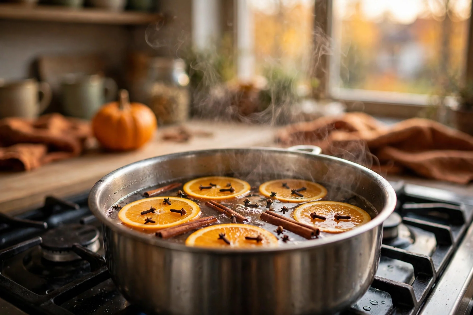 Fall simmer pot with orange slices and cinnamon on the stove