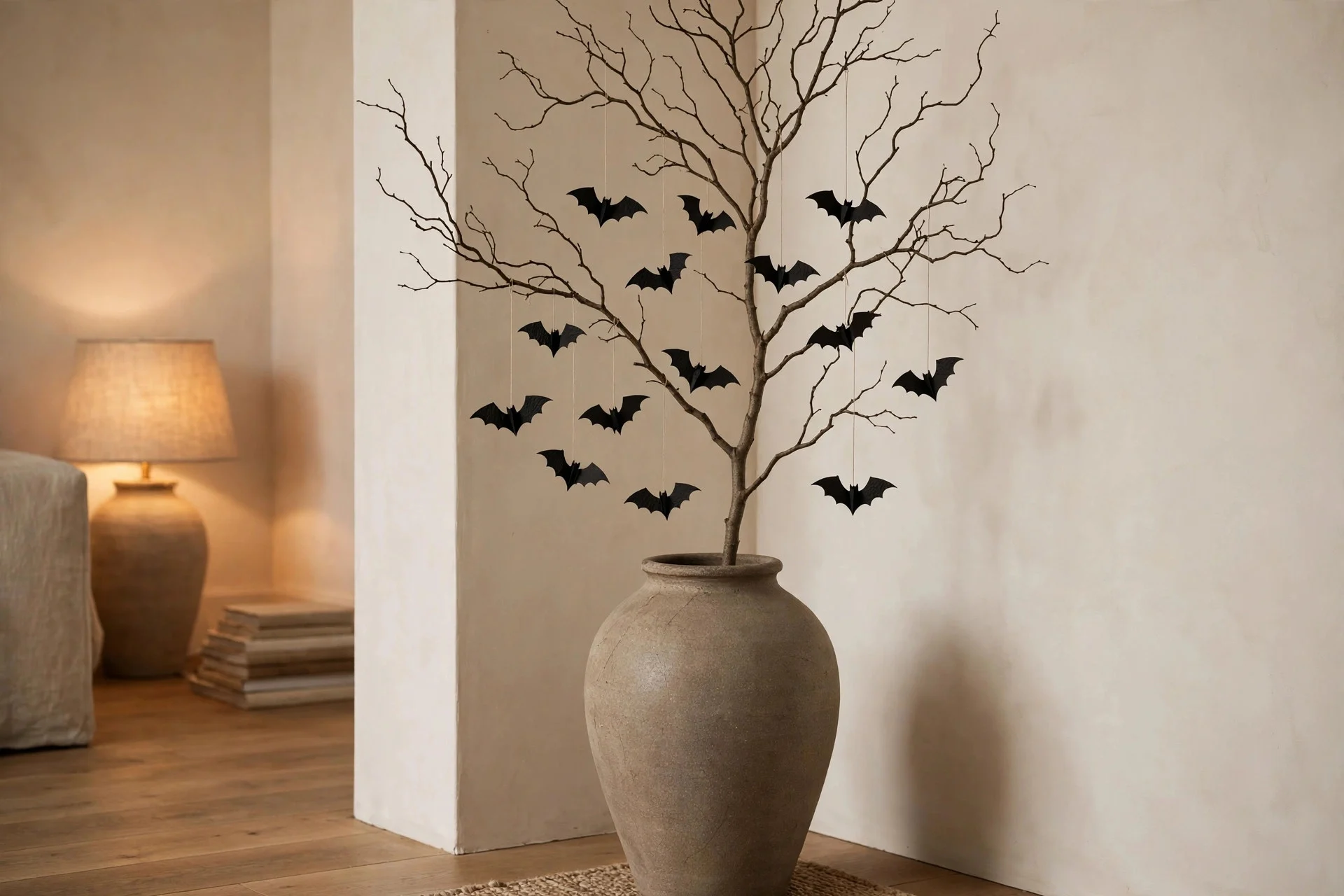 Tall branch with hanging paper bats as a Halloween statement piece