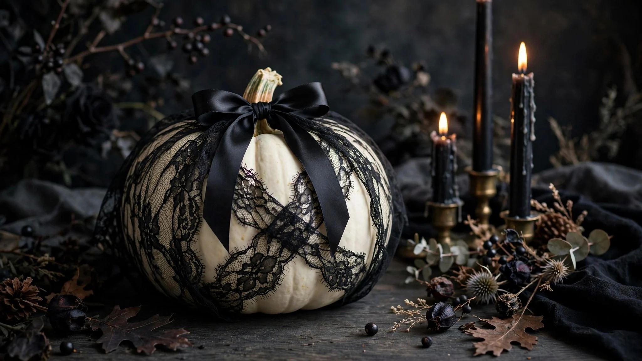 White pumpkin wrapped in black lace fabric with a black ribbon, elegant Halloween decor
