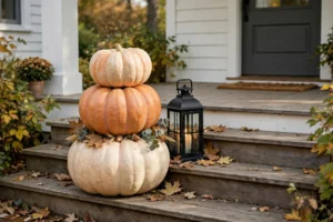 Stacked pumpkins in mixed sizes on front porch steps with a lantern beside them
