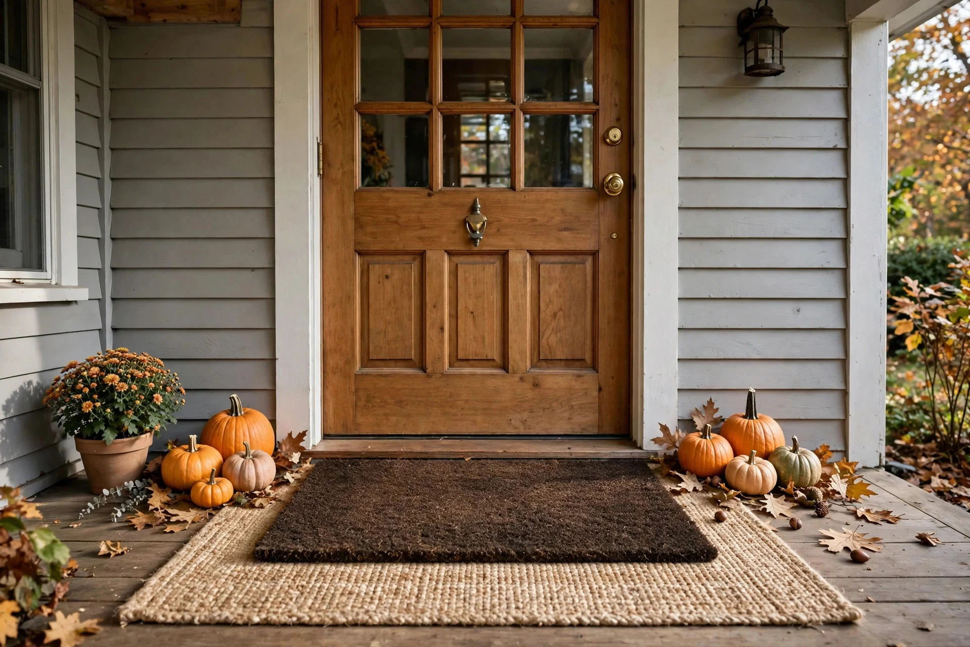 Layered doormats on a porch with a jute rug under a dark coir mat and pumpkins by the door