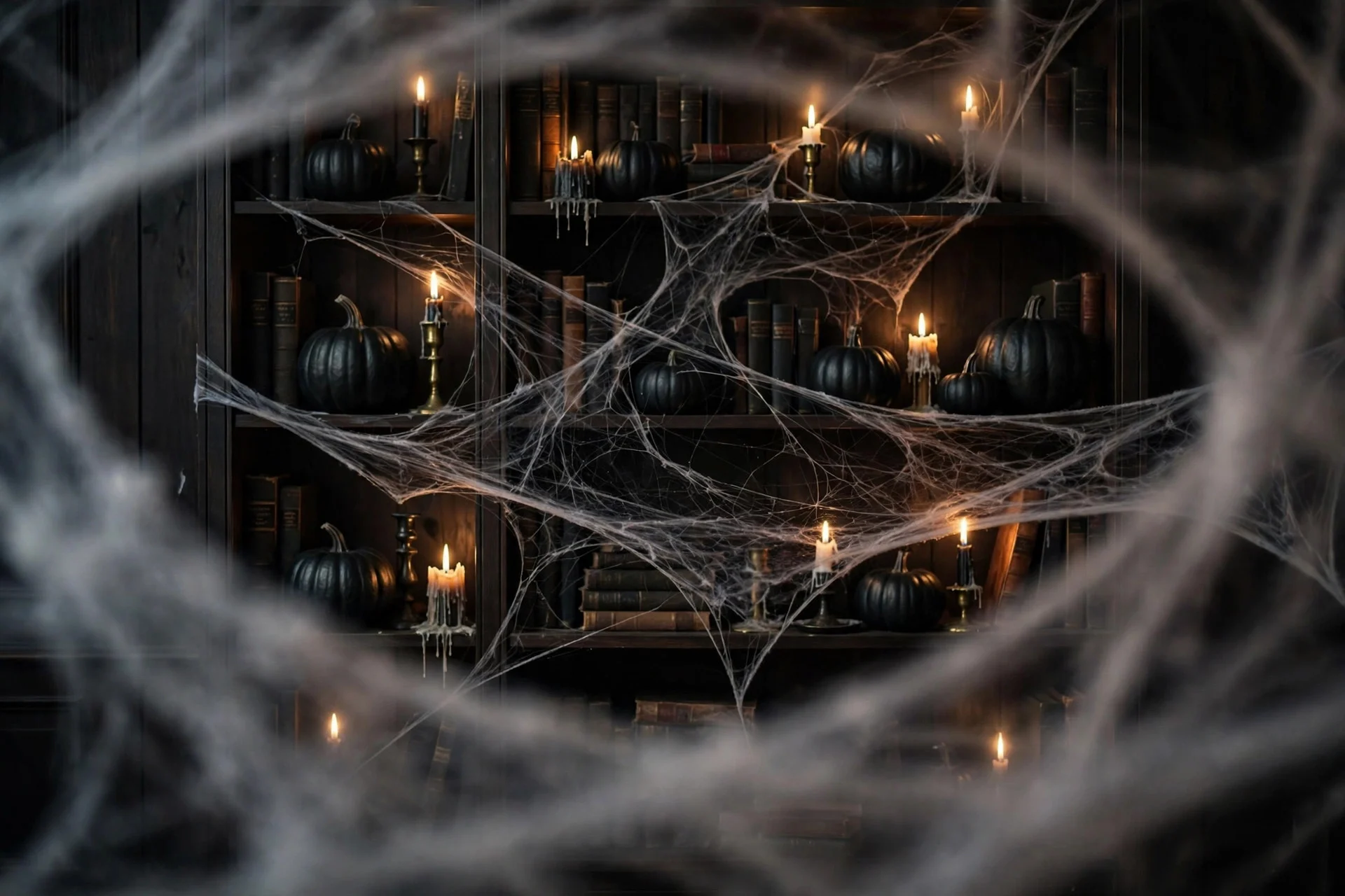 Layered fake Halloween spider webs creating depth in front of a dark bookshelf styled with black pumpkins and candles