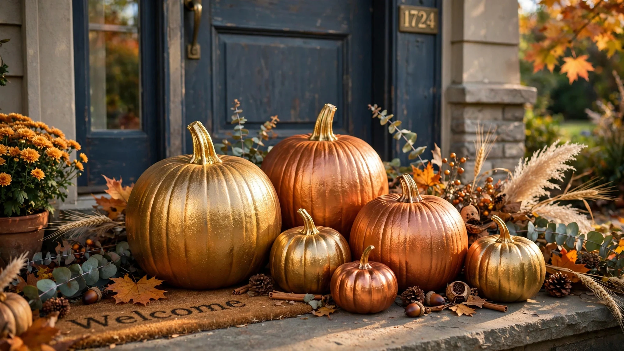 Metallic gold and copper spray-painted pumpkins grouped on a front doorstep