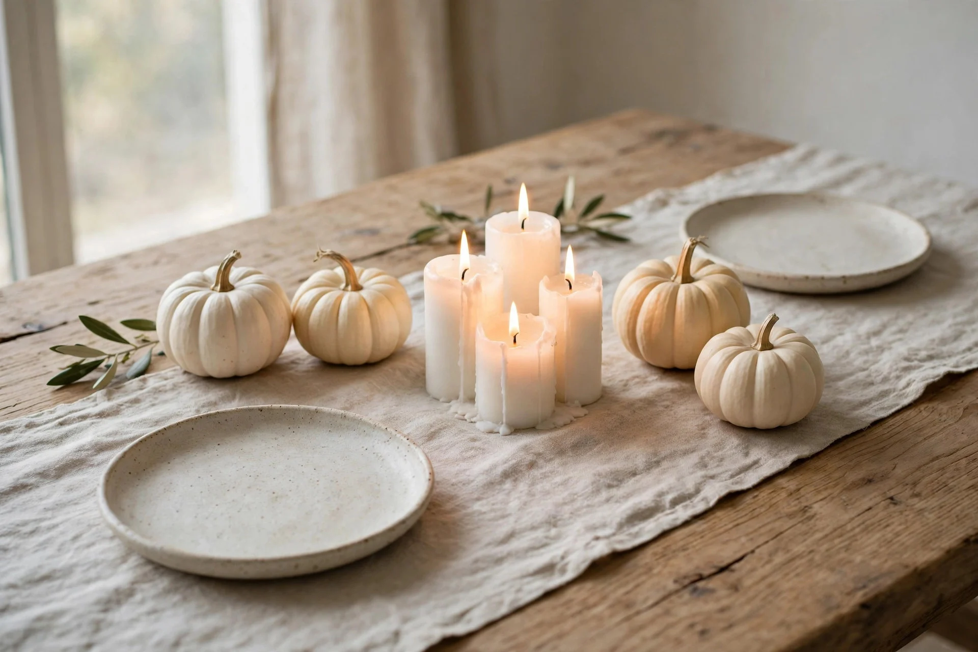 Minimal Halloween table with white pumpkins, a linen runner and three lit white pillar candles