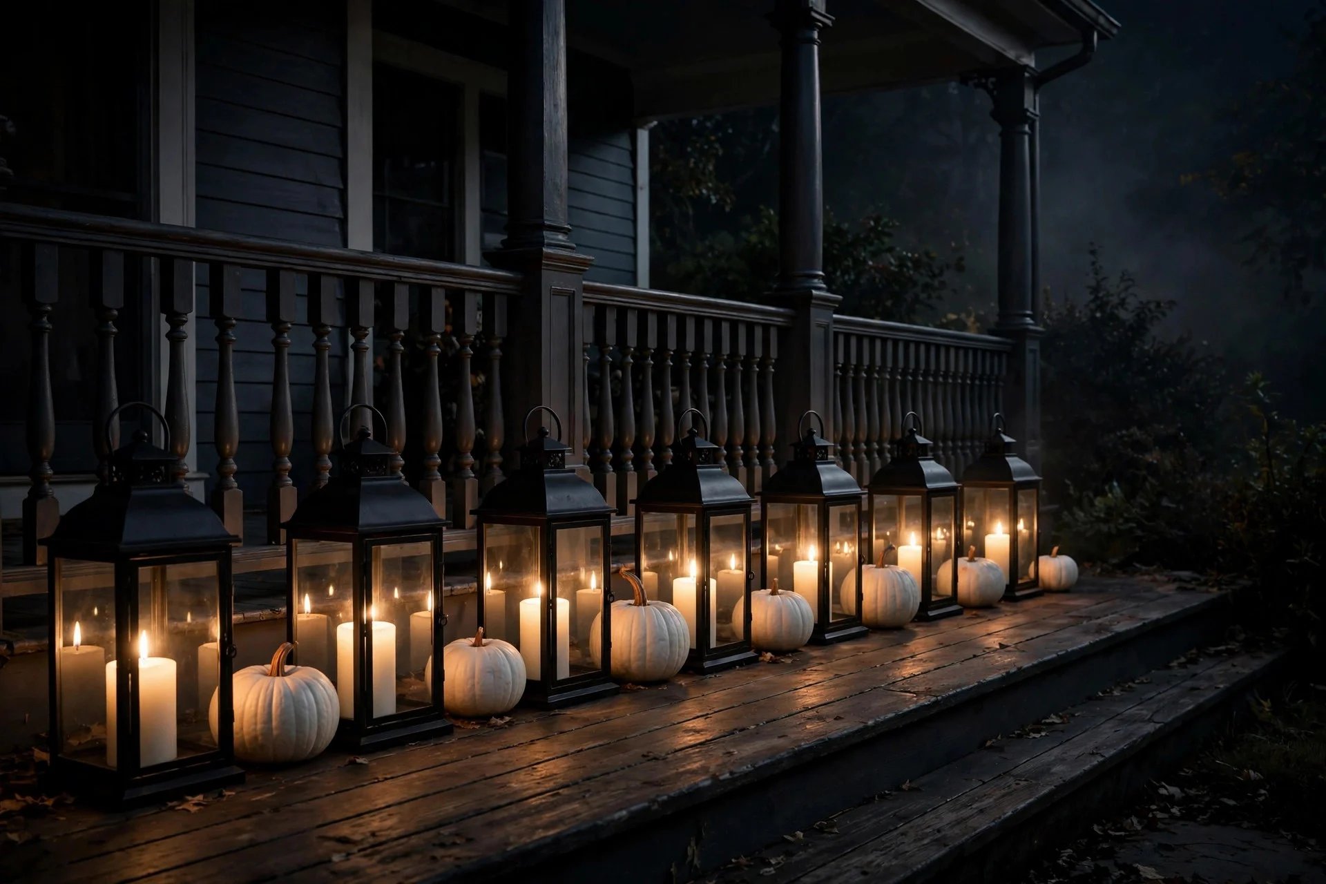Black lanterns with white candles lining a porch at night with white pumpkins