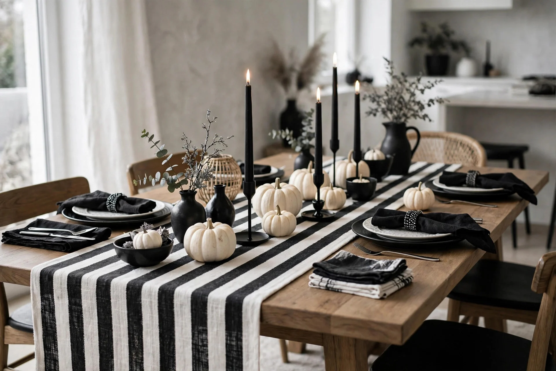 Black and white Halloween table setting with striped runner and black taper candles