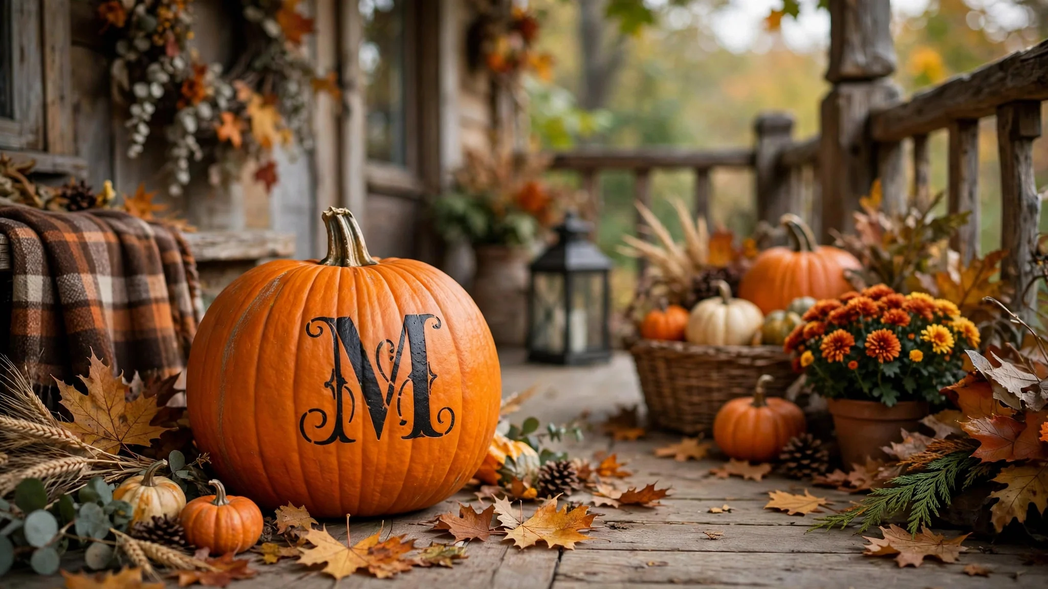 Orange pumpkin with an elegant stenciled letter monogram in black paint