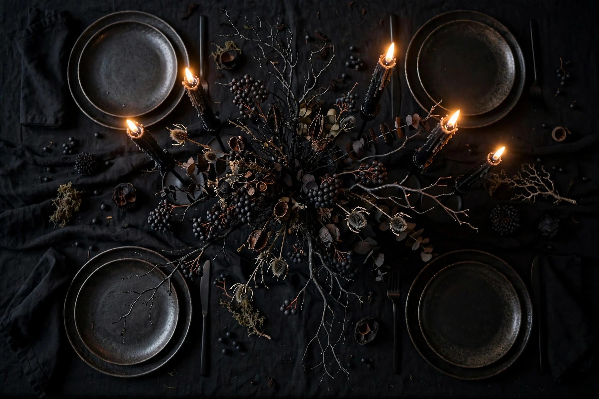 Moody Halloween dinner table lit by tall black taper candles with dark elegant table setting