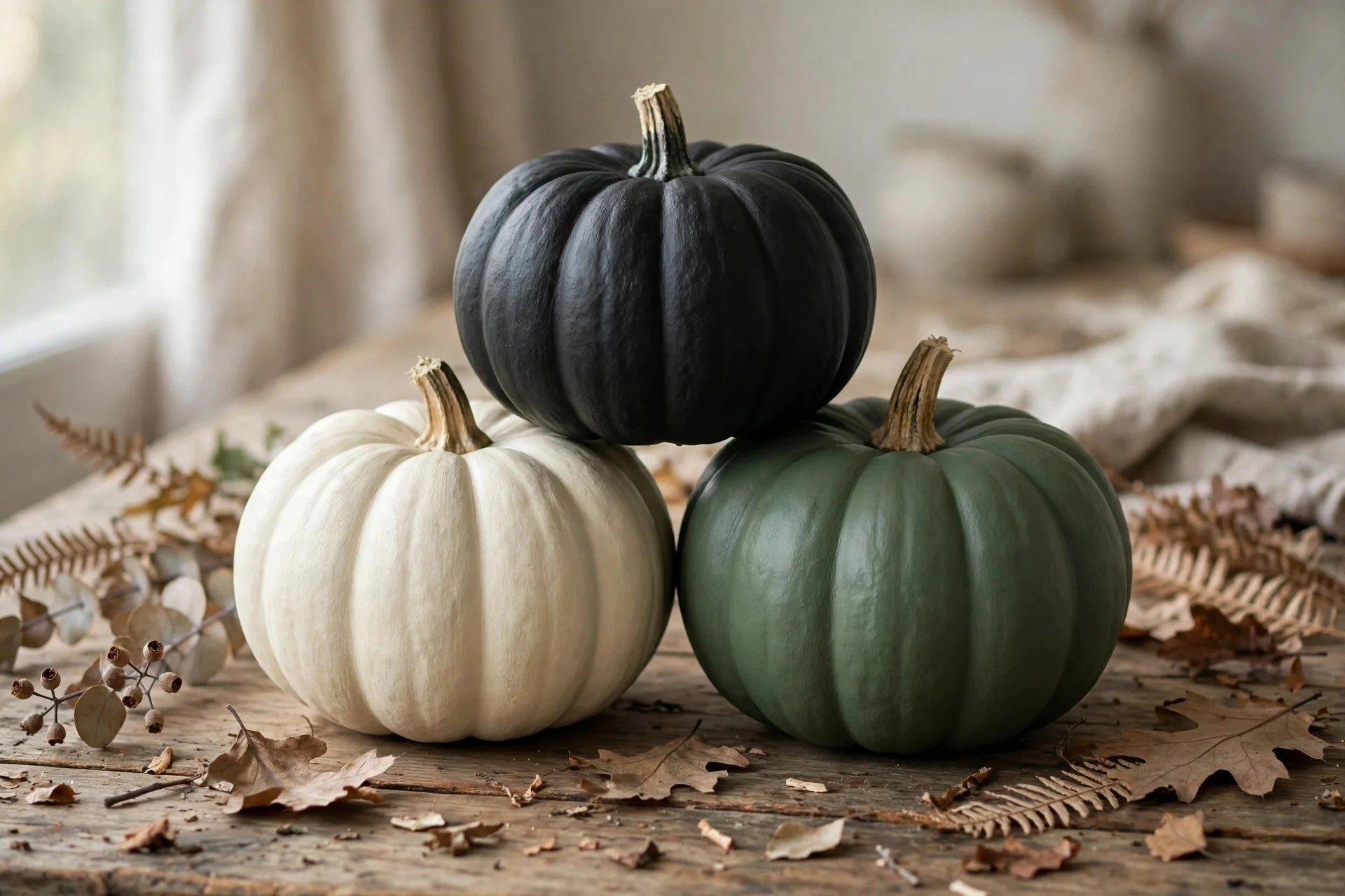 Painted pumpkins in matte black and cream with no carving